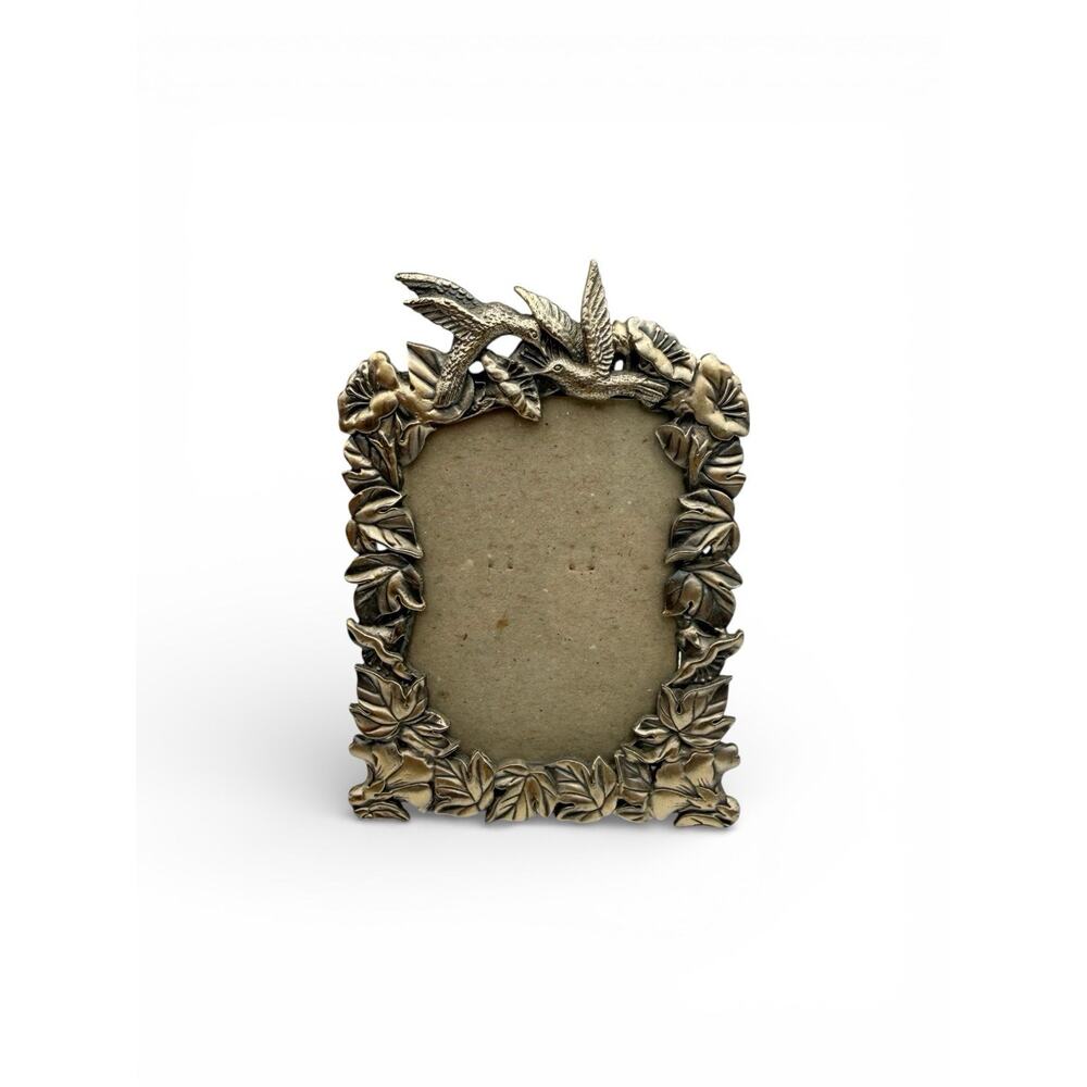 Vtg Pewter Small Picture Frame ~ 5”x3.5” Hummingbirds Floral Leaves‎ EUC